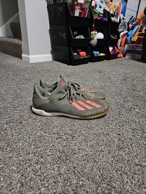 Adidas Indoor Soccer Shoes - Olive Green with Coral Stripes